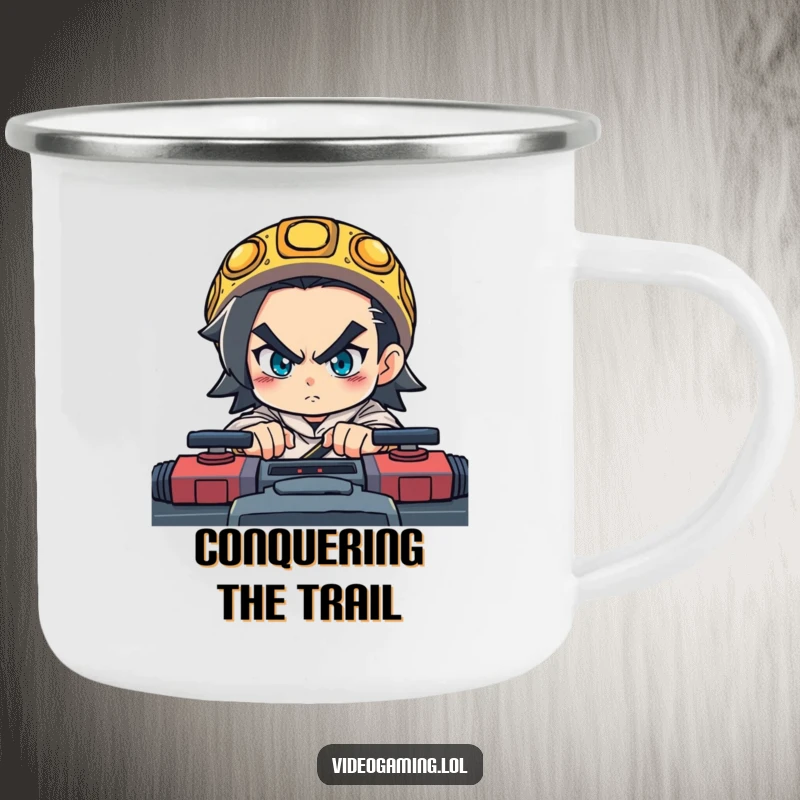 Funny camping mug with a determined character intensely focused on a fast-paced game, ready for rough terrain.