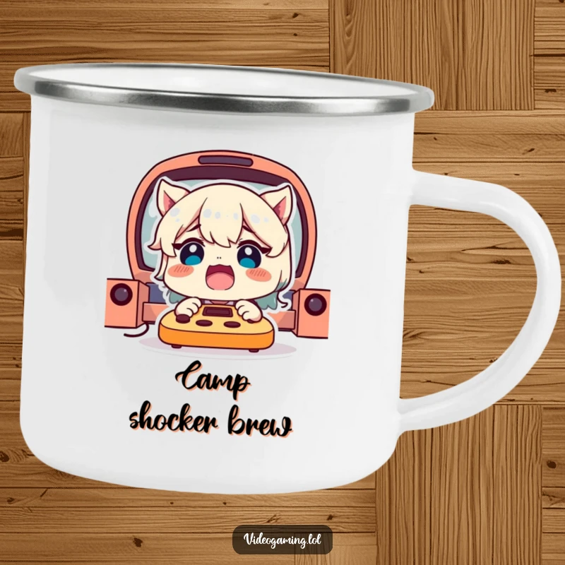 Funny Gamer Camping Mug: A delighted character with a shocked expression, ready for campfire stories and unexpected fun.