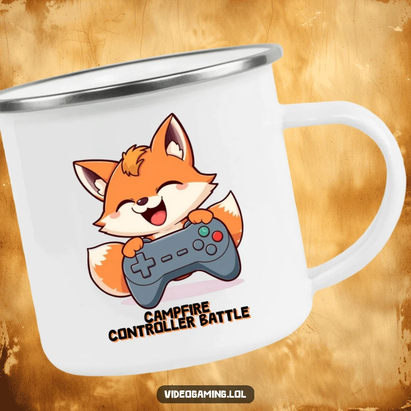 Funny camping mug featuring a smiling fox mashing game controller buttons, perfect for gamer fuel on the go.