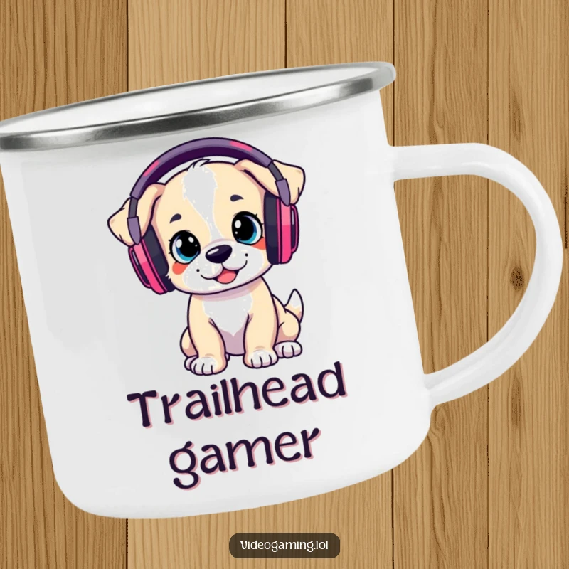 Funny Camping Mug: A playful puppy wears oversized gaming headphones, ideal for hot drinks during gaming adventures.