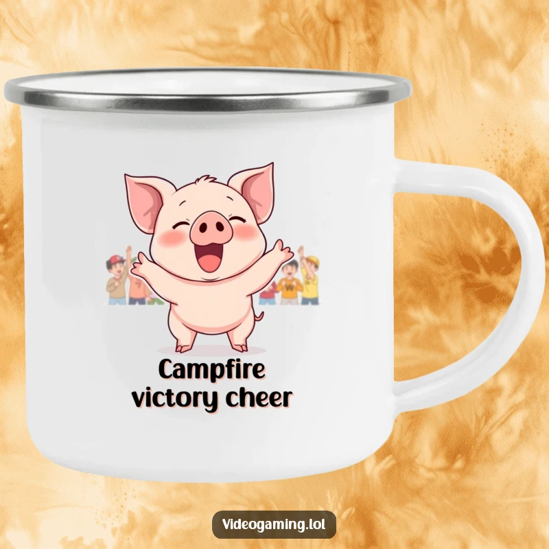 Funny camping mug with a happy piglet cheering loudly for a game victory. Durable and fun for camping.