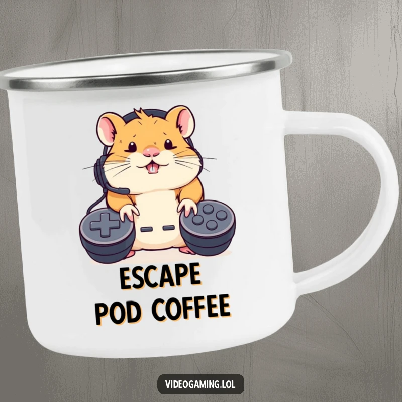 Funny Hamster Gamer Camping Mug: A determined hamster wearing a headset furiously mashes controller buttons, ready for adventure.