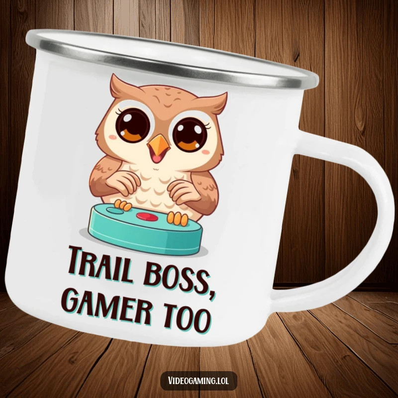 Funny owl camping mug of a joyful bird with wide, focused eyes playing a video game, for outdoor enthusiasts.