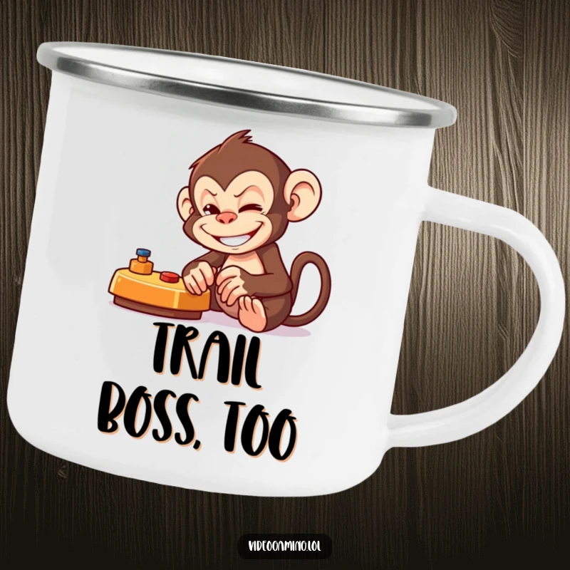 Funny Monkey Gamer Camping Mug featuring a mischievous monkey with a grin, playing a game, perfect for outdoor fun.