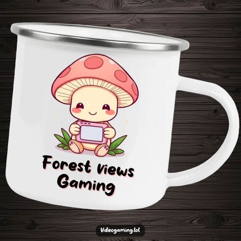 Funny Mushroom Gamer Camping Mug: A cheerful mushroom engrossed in a handheld game, perfect for outdoor fun.
