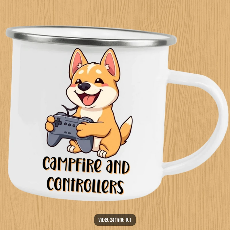 Funny dog camping mug of a playful dog grinning widely while holding a video game controller, for outdoor lovers.