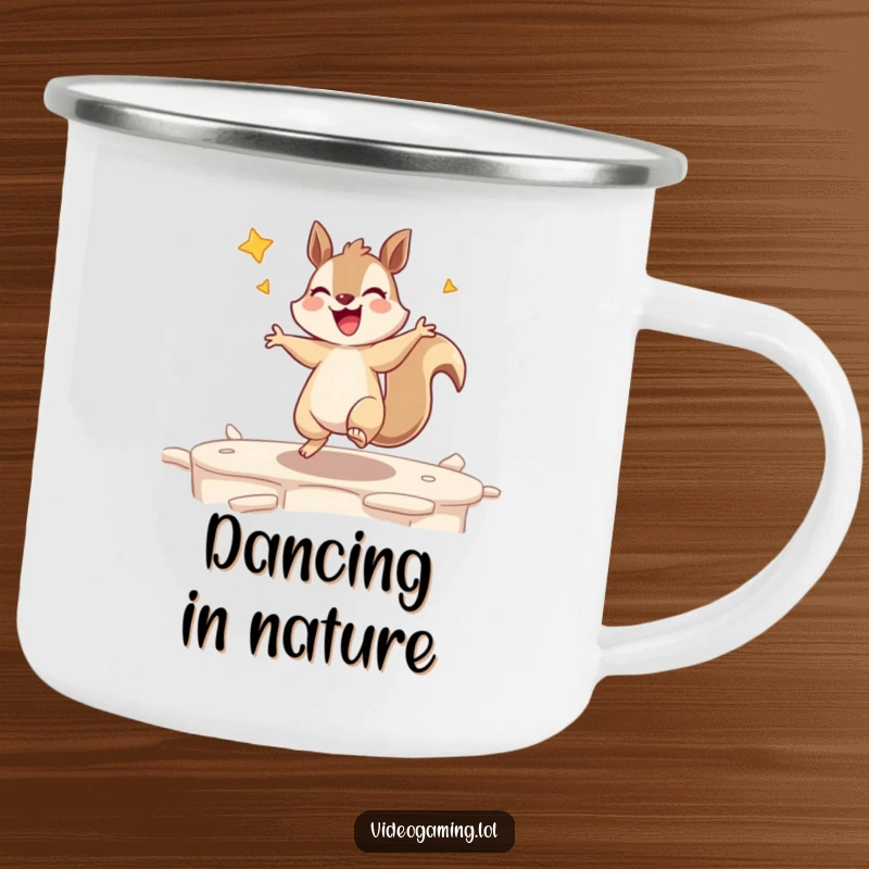 Funny camping mug featuring a giggling squirrel dancing triumphantly after winning a level, for outdoor gamers.