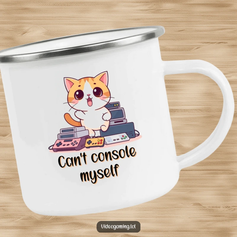 Funny enamel camping mug featuring a surprised cat tumbling over video game consoles, perfect for humorous outdoor gamer moments.