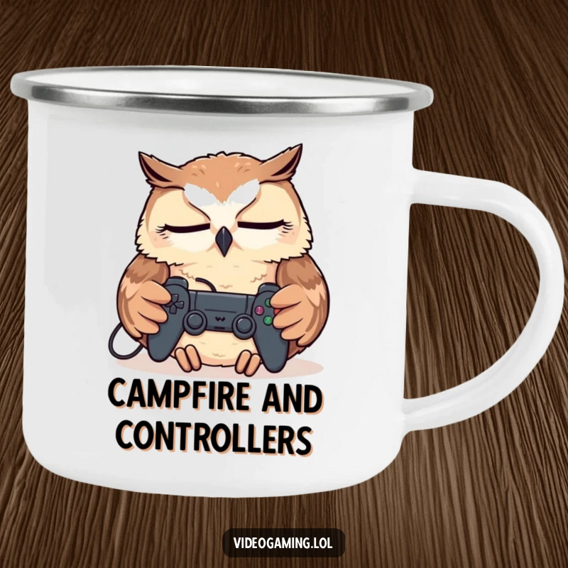 Funny Tired Owl Camping Mug, snoozing with a controller, a durable and humorous companion for outdoor adventures.