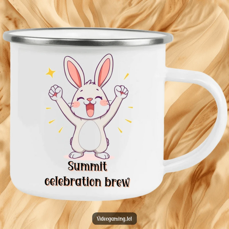 Funny camping mug featuring a playful bunny striking a triumphant pose, celebrating a win during outdoor adventures.