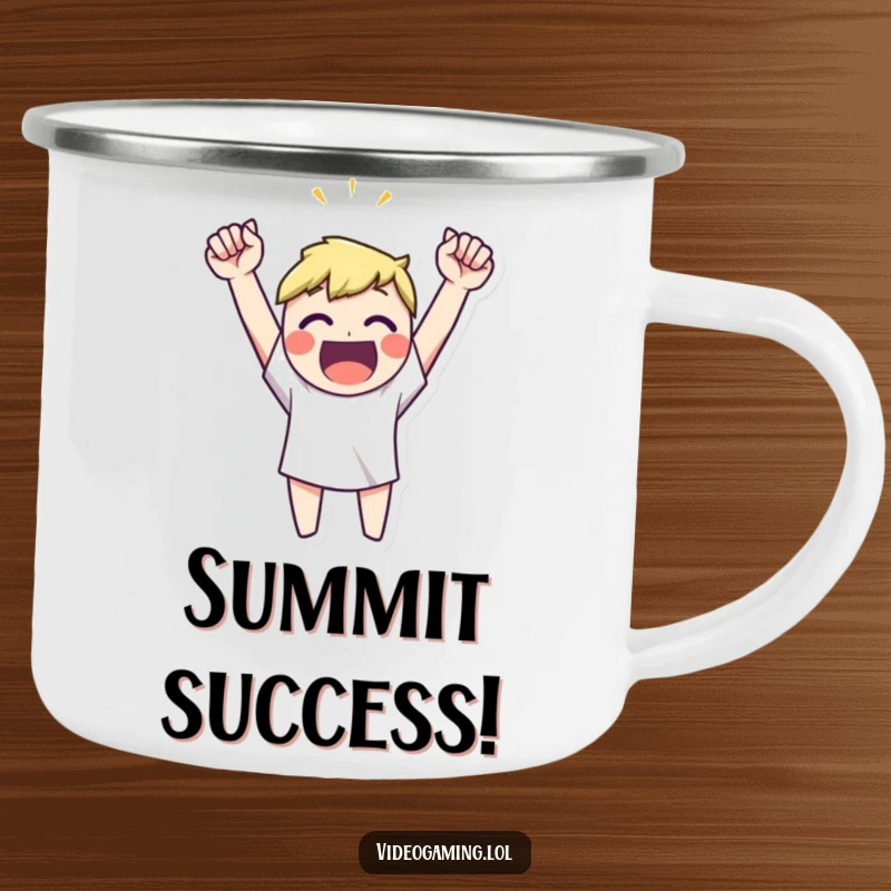 Funny happy character celebrating a victory with arms raised high on a camping mug, for outdoor winners.
