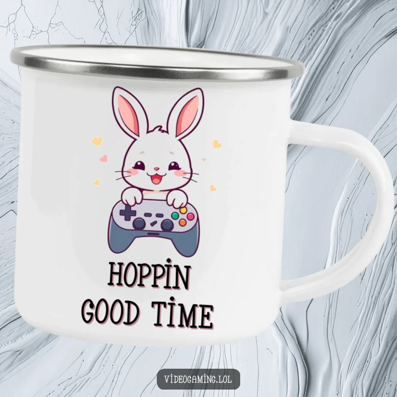 Funny rabbit gamer camping mug, depicting rapid button tapping on a game controller, for outdoor fun.