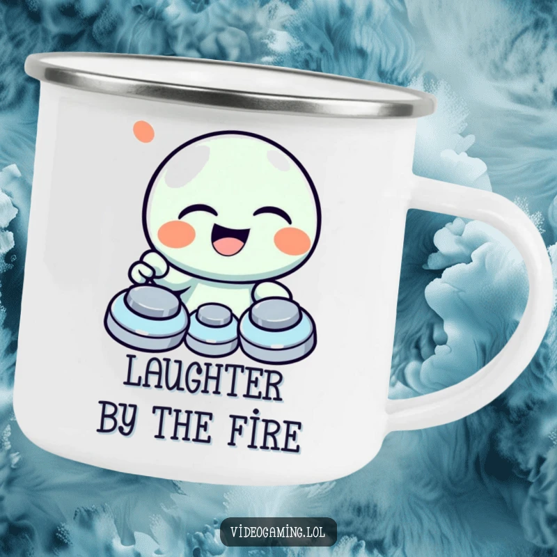 Funny camping mug with a giggling character laughing heartily while mashing game buttons with enthusiasm.