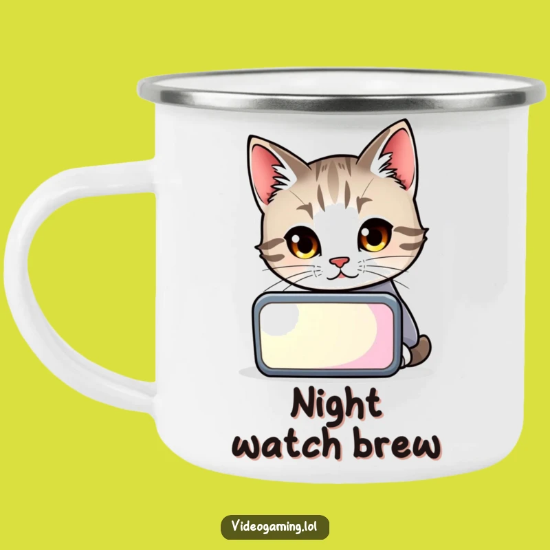 Funny Cat Gamer Camping Mug: Curious Feline Screen Watcher for Outdoors