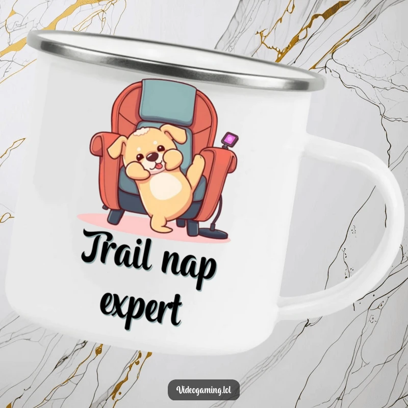 Funny puppy camping mug showing a dog tumbling backward out of a gaming chair, great for outdoor fun.