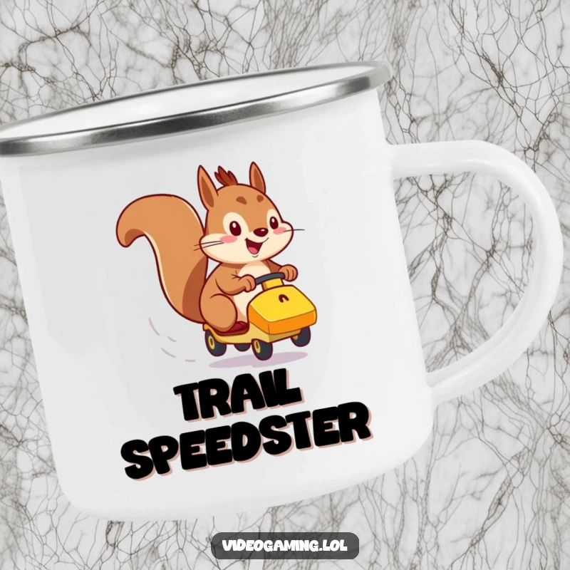 Funny camping mug illustration of an energetic squirrel racing a small vehicle with intense focus.