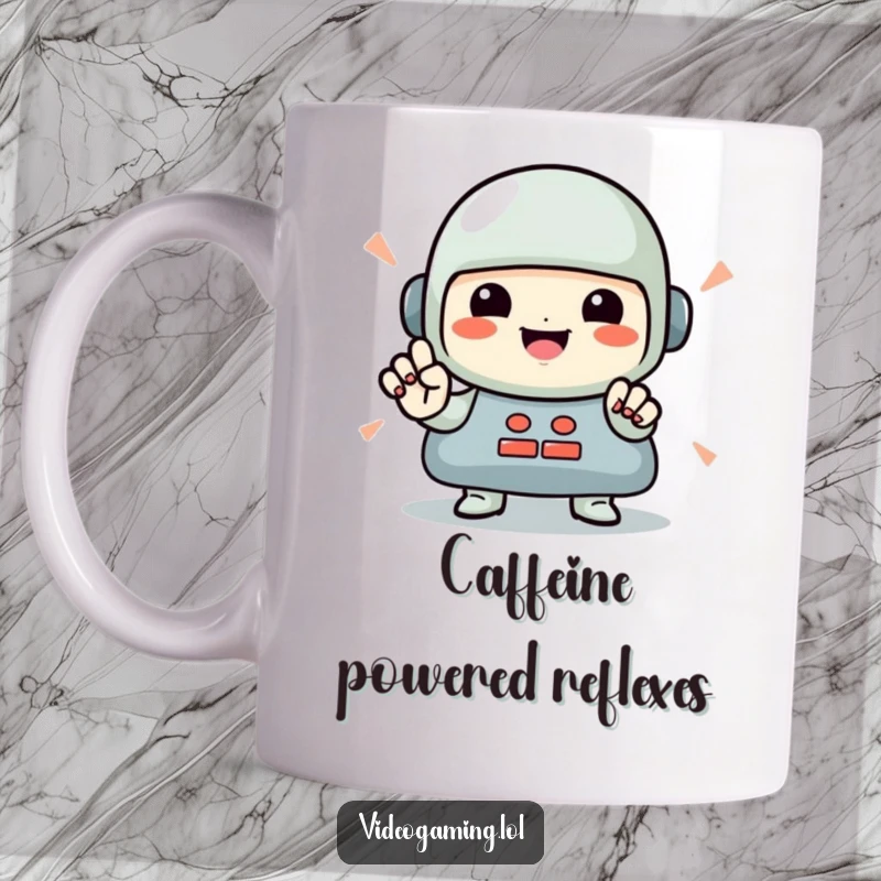 Funny Gamer Mug: A smiling character executing rapid, intense button presses, showcasing peak gaming focus and excitement.