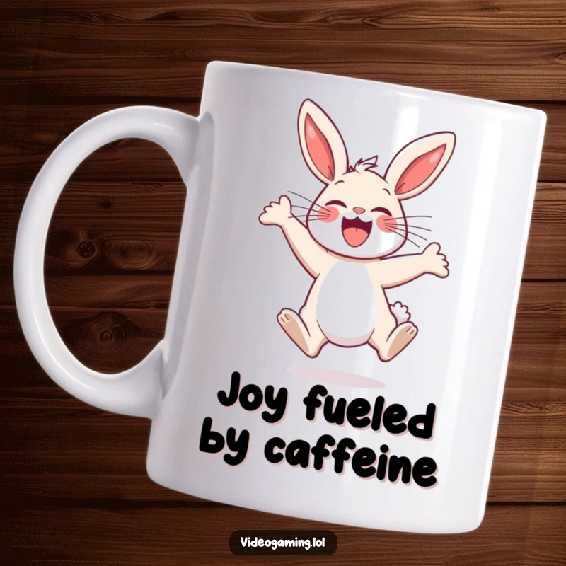 Funny Bunny Mug: A joyful bunny leaps enthusiastically, its ears perked and a wide smile showing pure excitement.