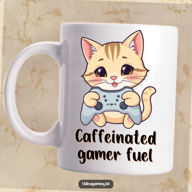 Funny cat gamer mug, a happy cat intently aiming a controller with a focused smile, ready for epic gaming sessions.