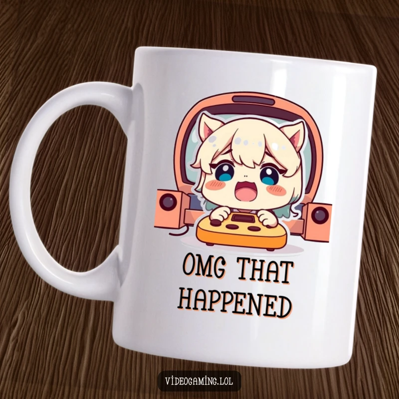 Funny Gamer Mug: A delighted character with a shocked, wide-eyed expression, reacting to an epic in-game moment.
