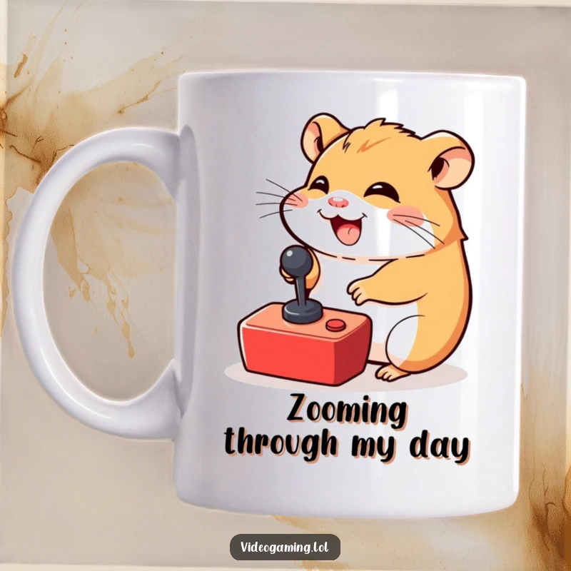 Funny Hamster Gamer Mug: A giggling hamster excitedly manipulates a tiny joystick, embodying gaming fun.