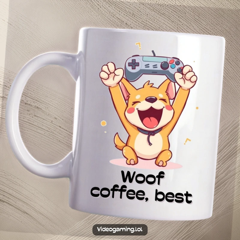 Funny happy dog cheering wildly, holding a game controller high in victory, embodying gamer joy and canine enthusiasm.