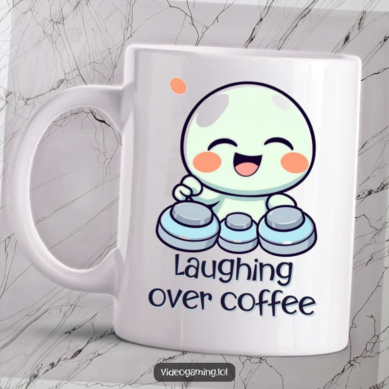 Funny mug with a giggling character laughing heartily while enthusiastically mashing game buttons.