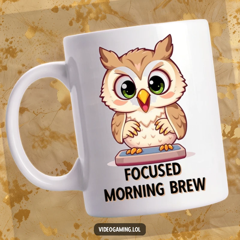 Funny Owl Gaming Mug: A joyful owl plays a game with wide, focused eyes, showing intense concentration and gaming passion.