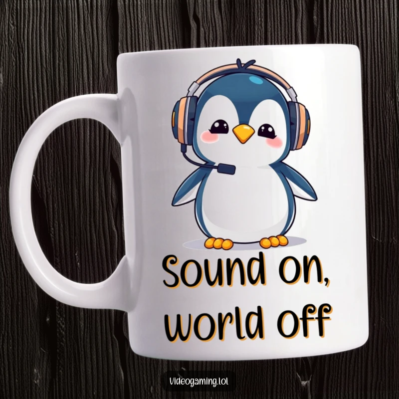 Funny silly penguin wearing oversized gaming headphones, looking goofy while gaming, a cute mug.