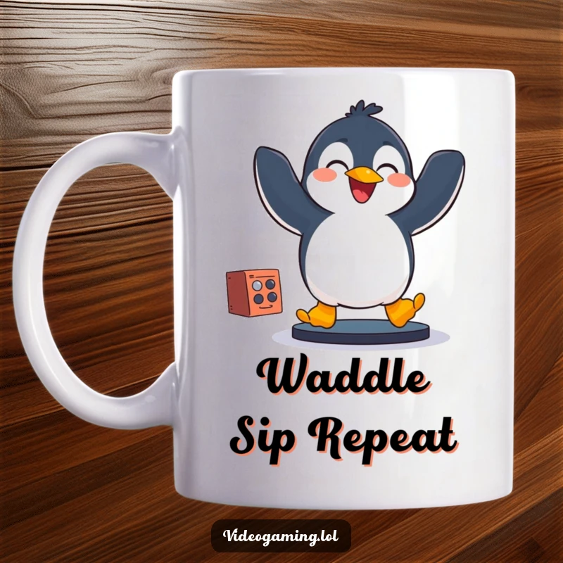Funny penguin jumping with joy, controller in flipper, celebrating a game win, a hilarious gamer gift mug.