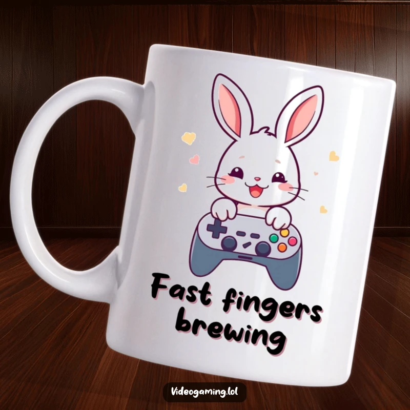 Funny cheerful rabbit rapidly tapping game controller buttons, showcasing fast gameplay with a smile.