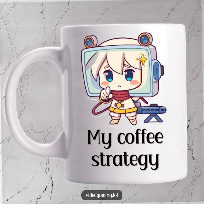 Funny mug showing a strategic character intensely pointing at a screen, emphasizing concentration and game planning humor.