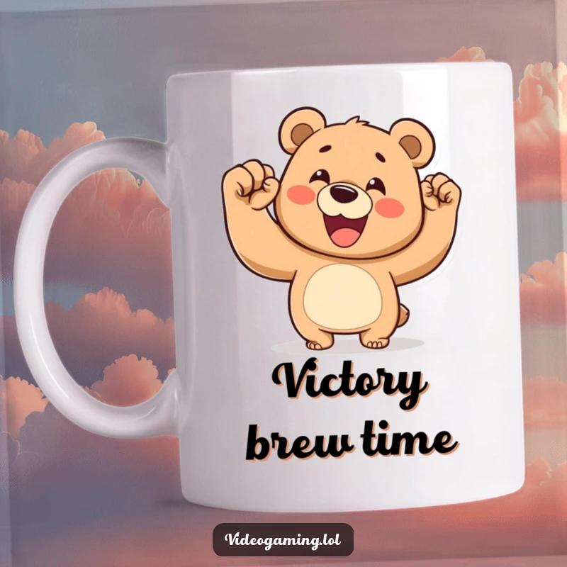 Funny mug featuring a joyous bear with a huge smile, pumping its fist in the air in victory.