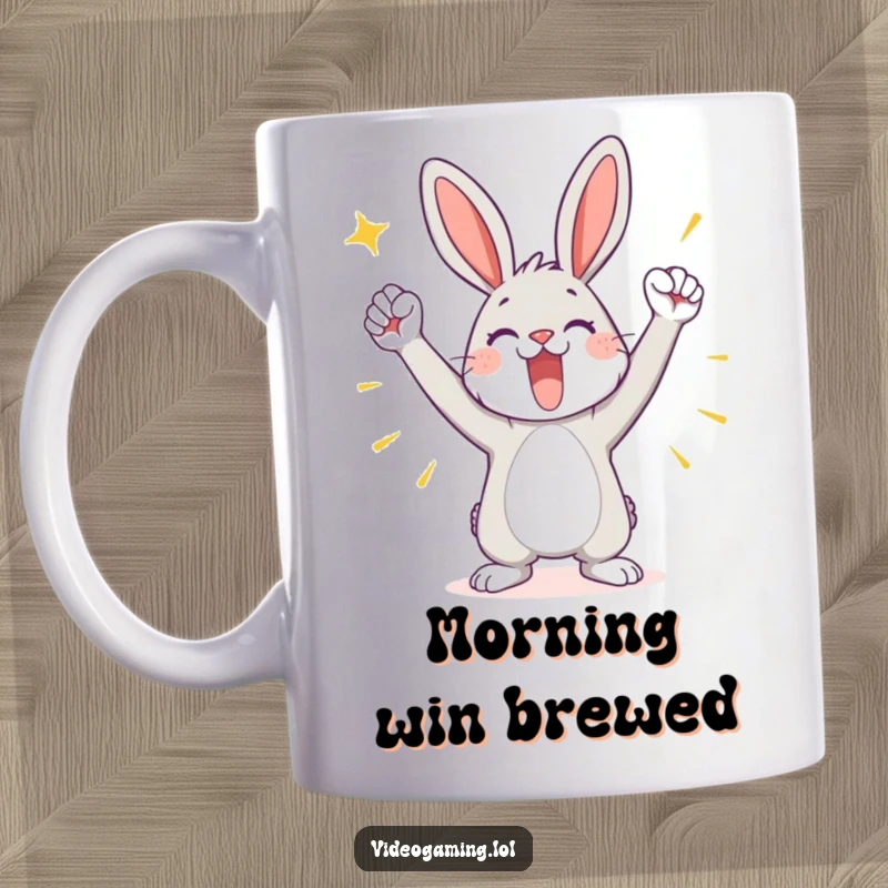 Funny mug featuring a playful bunny striking a triumphant pose after a glorious victory, radiating pure celebration.
