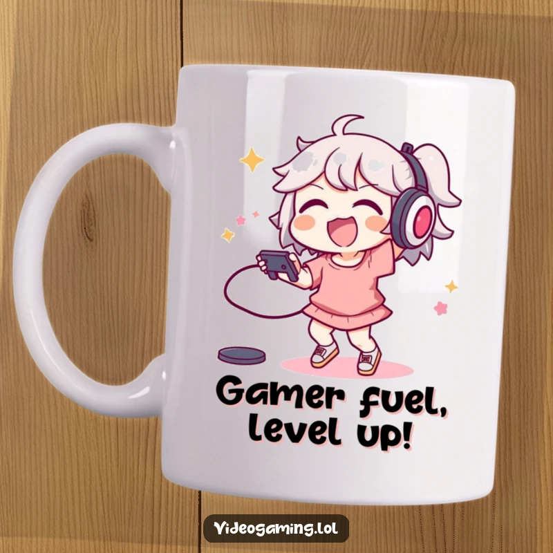 Funny mug with a joyful character performing an energetic dance move while gripping a video game controller.