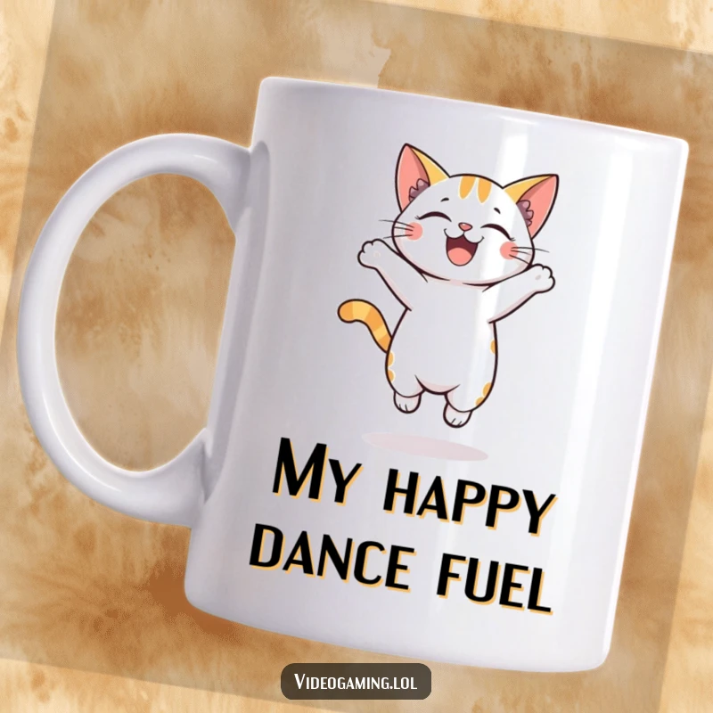 Funny mug featuring a cartoon cat joyfully jumping up and down with excitement, radiating pure playful energy.