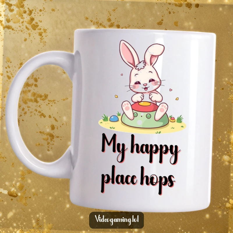 Funny Bouncing Bunny Mug, engrossed in a vibrant, colorful game, a playful and energetic scene for a gamer's delight.