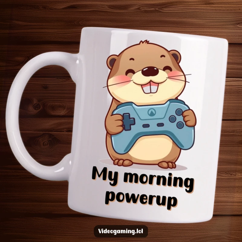 Funny Otter Mug: A proud otter gamer with a big grin clutches a controller, ready for victory.