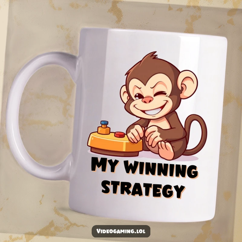 Funny Monkey Gamer Mug featuring a mischievous monkey intensely playing a video game with a playful, grinning expression.