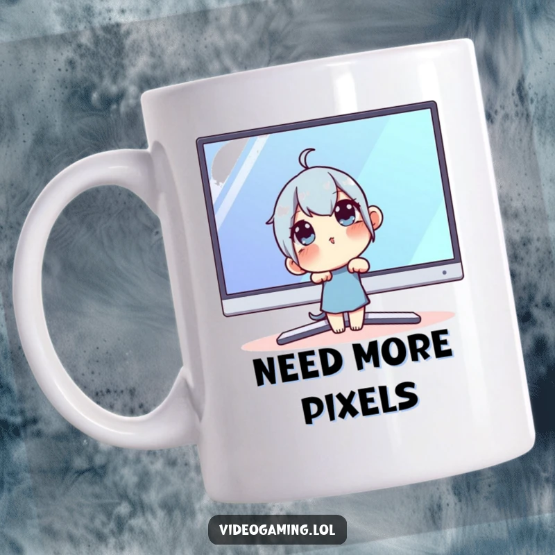 Funny Techie Mug: A curious character leaning intently towards a massive monitor, absorbed in digital exploration.