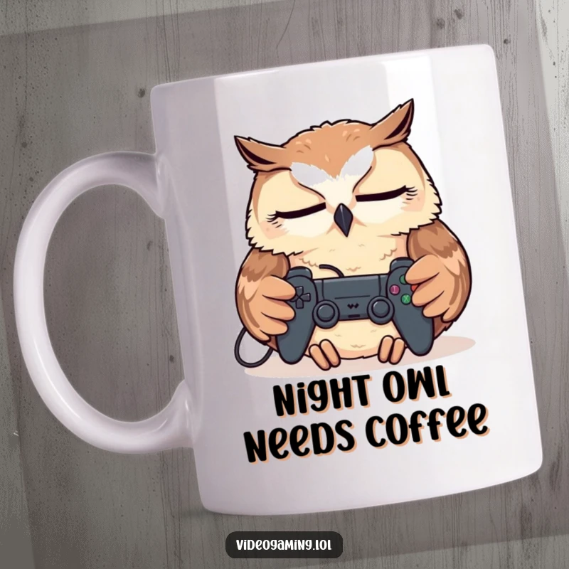 Funny Tired Owl Mug, deeply asleep with a game controller on its chest, embodying the ultimate gamer nap.