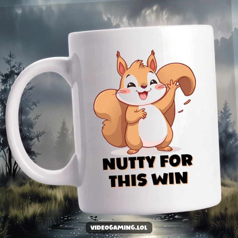 Funny mug with a happy squirrel doing a victory dance, arms in the air, pure joy on its face. Perfect for celebrating success.