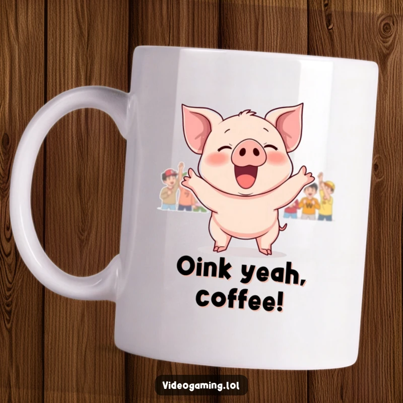 Funny mug with a giggling piglet jumping for joy, cheering loudly at a game victory, pom-poms in hoof. Perfect for sports fans.
