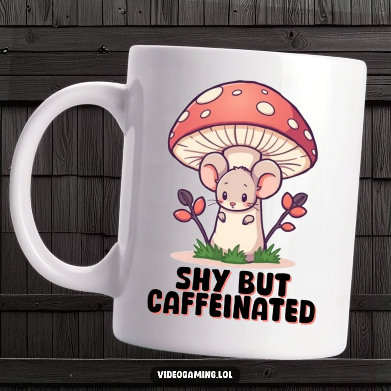 Funny mug with a shy mouse character hiding behind a large, colorful pixelated mushroom, looking timid.