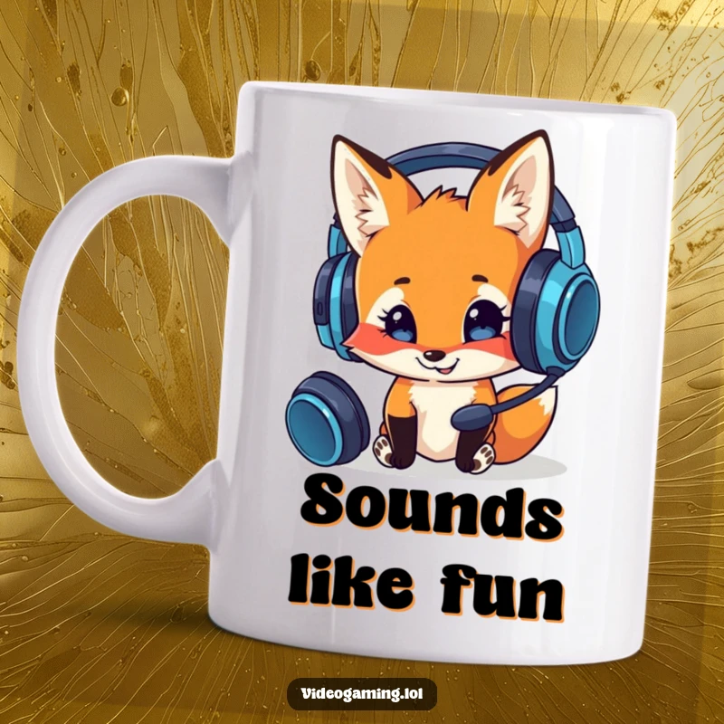 Funny ceramic mug with a curious fox smiling while examining a detailed gaming headset, symbolizing tech exploration.