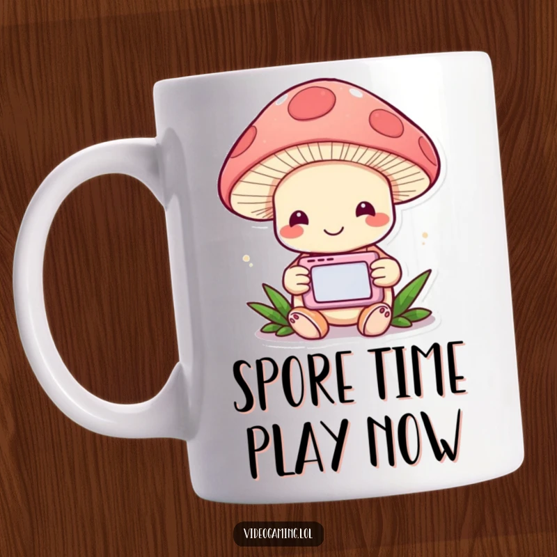 Funny Mushroom Gamer Mug: A cheerful mushroom is engrossed in playing a handheld video game with delight.