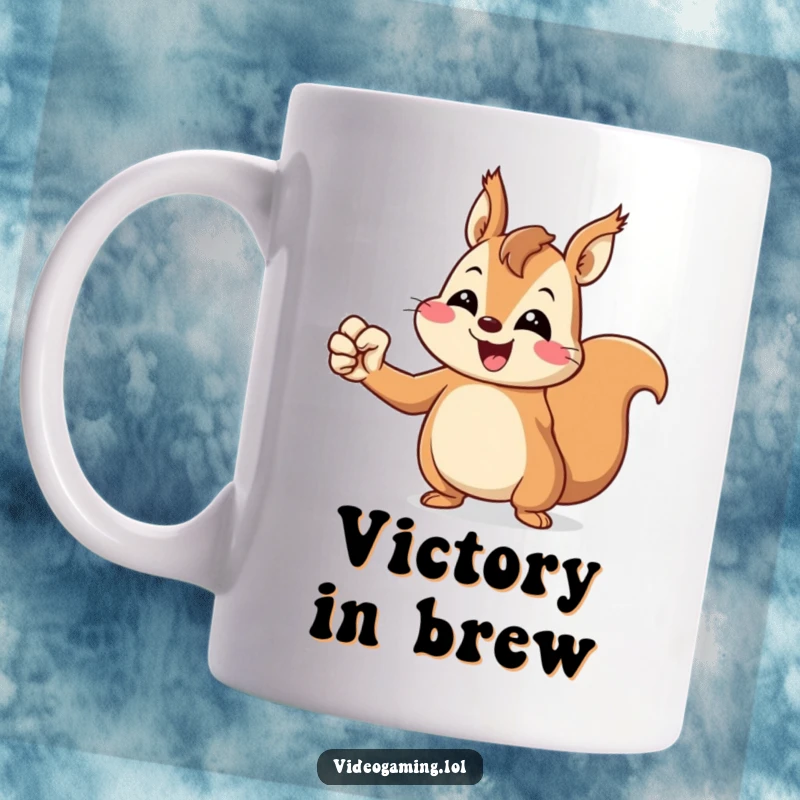 Funny Squirrel Victory Mug: A cheerful squirrel pumps its fist in victory, radiating pure triumph and energetic celebration.