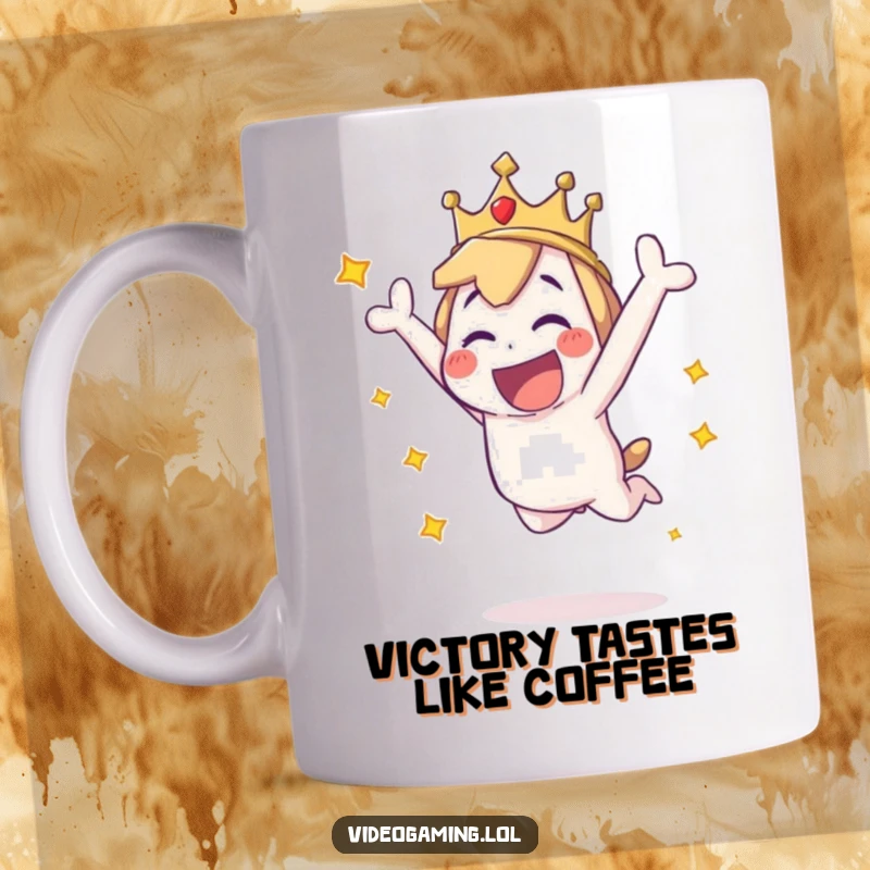Funny mug featuring a playful character mid-air, leaping in pure excitement after a triumphant win, capturing ecstatic joy.