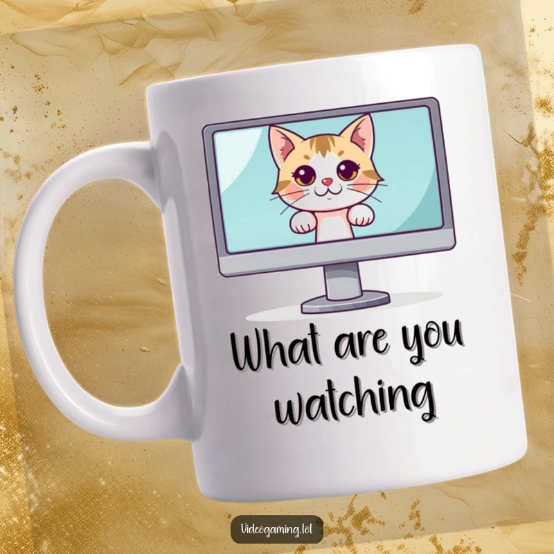 Funny mug with a curious cat peeking from behind a large computer monitor, embodying playful observation and humor.