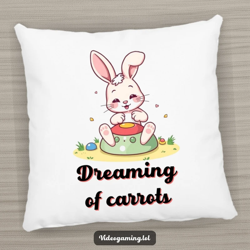Funny Bouncing Bunny Pillow, a cute character engrossed in a colorful game, adding soft, humorous decor to any space.